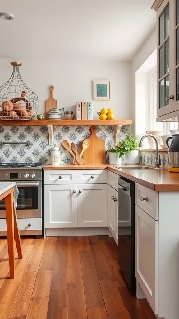 Cozy cottage kitchen with warm wood flooring and a charming decor.