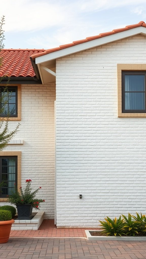 Chic Mediterranean style off-white brick house with red-tiled roof and lush green plants.