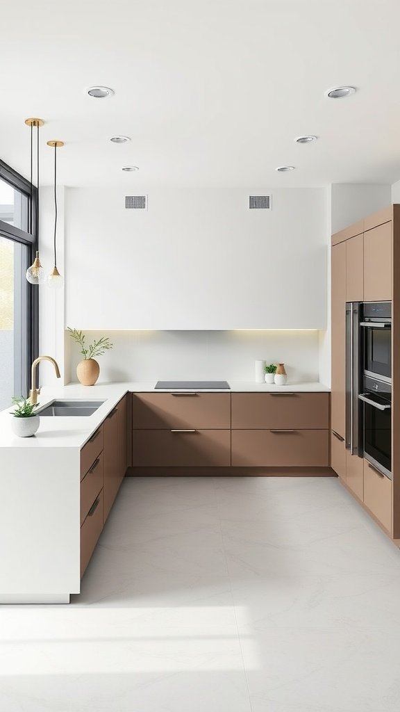 Modern U-shaped kitchen with warm cabinetry and white countertops.