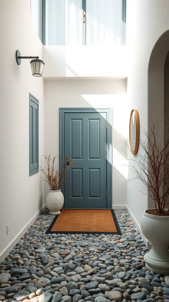 A stylish entryway with pebble flooring, featuring a blue door and minimal decor.