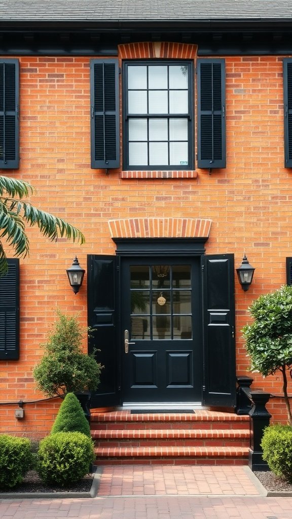 Classic black and tan brick house exterior with black shutters and door