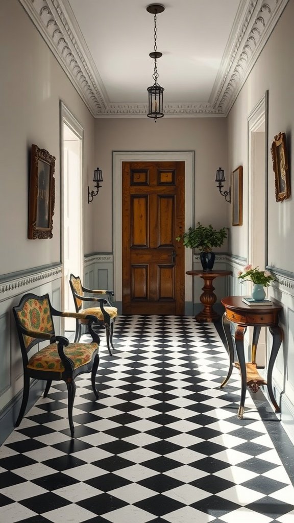 An elegant entryway featuring a classic black and white checkerboard floor design, framed by tasteful decor.
