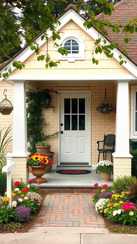 A charming cream brick cottage with a welcoming entrance and colorful flower arrangements.