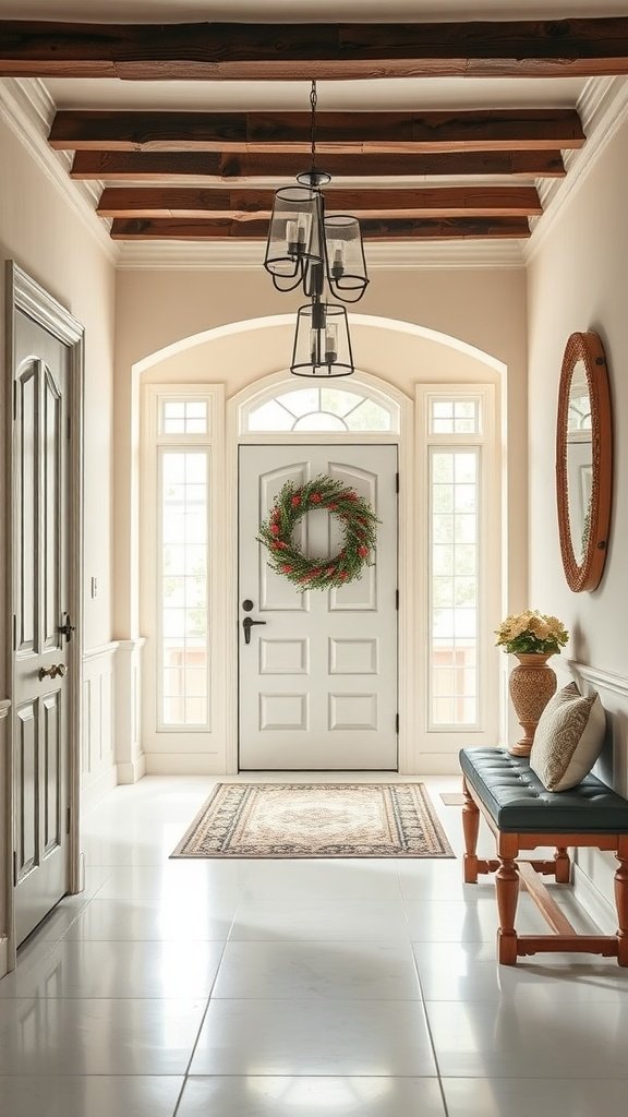 A welcoming foyer painted in classic cream, featuring a decorative wreath on the door, a stylish bench, and elegant light fixtures.