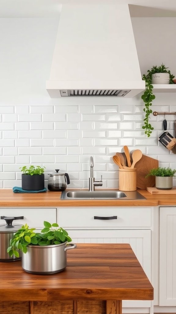 Cottage kitchen featuring a classic subway tile backsplash with wooden countertops and plants