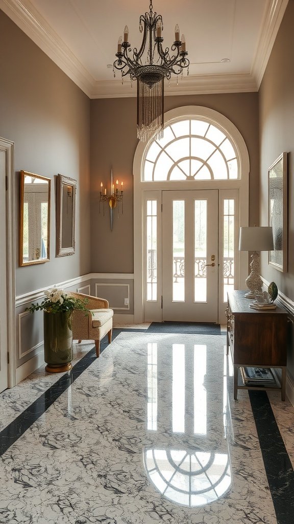 A stylish entryway with classic terrazzo flooring, featuring elegant decor and natural light.