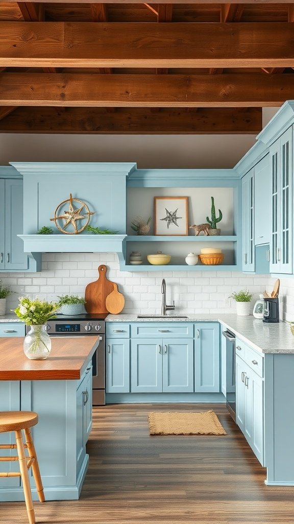 A bright U-shaped kitchen with light blue cabinetry and wooden accents