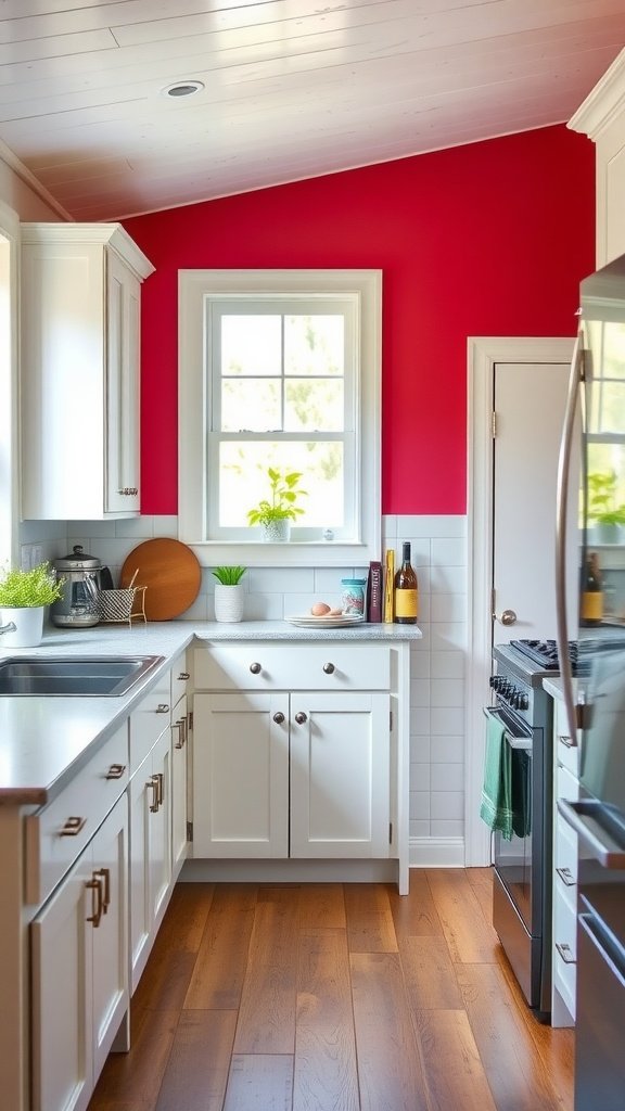 A cozy cottage kitchen featuring white cabinetry and a vibrant red accent wall.