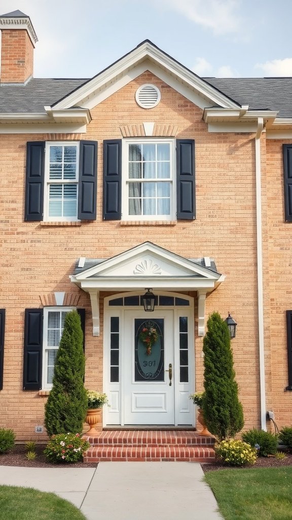 Beige brick house with black shutters and white trim
