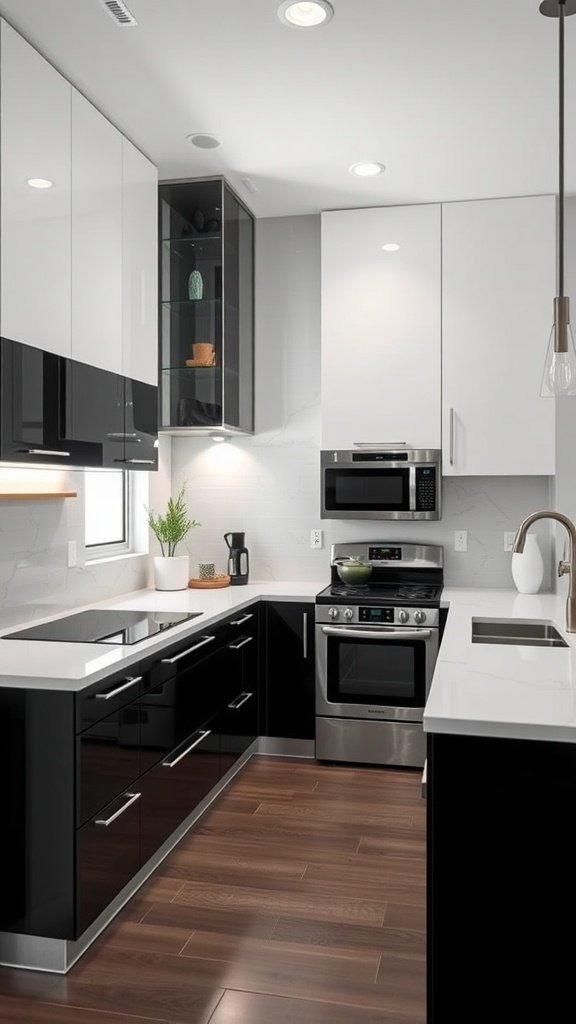 A contemporary U-shaped kitchen with glossy black and white cabinetry, featuring modern appliances and a clean design.