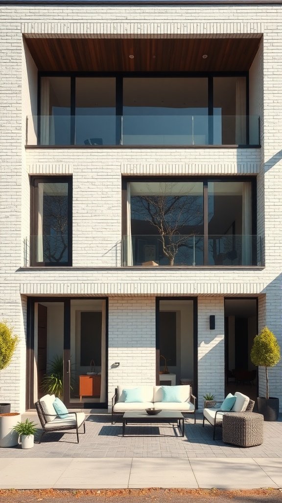 Contemporary off-white brick house with large windows and outdoor seating area.