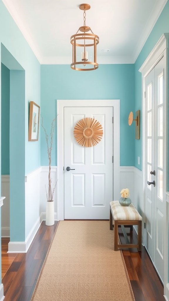 A foyer painted in cool aqua with a white door, wooden accents, and decorative elements.