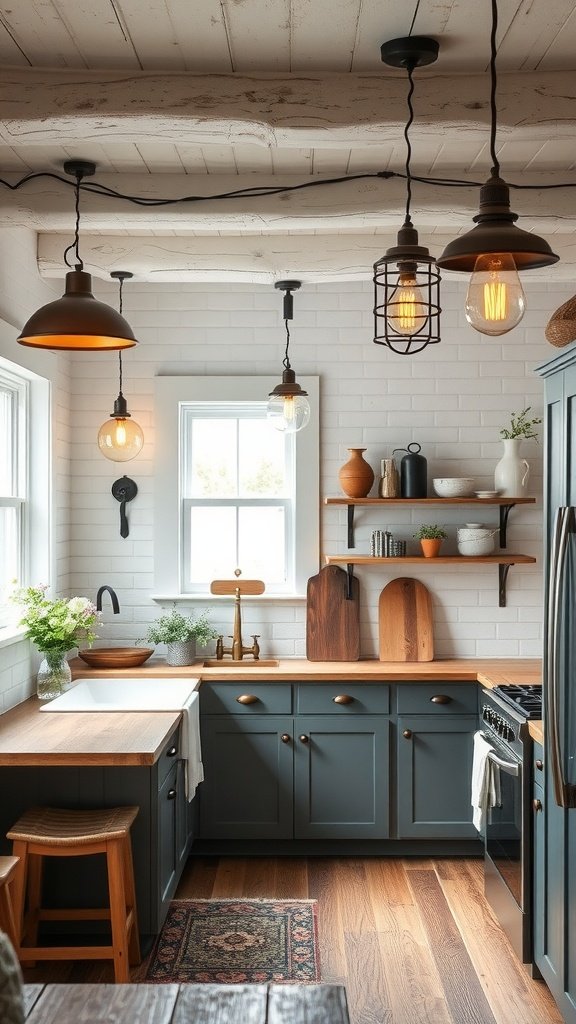 Cottage kitchen featuring various lighting designs including pendant lights and Edison bulbs.