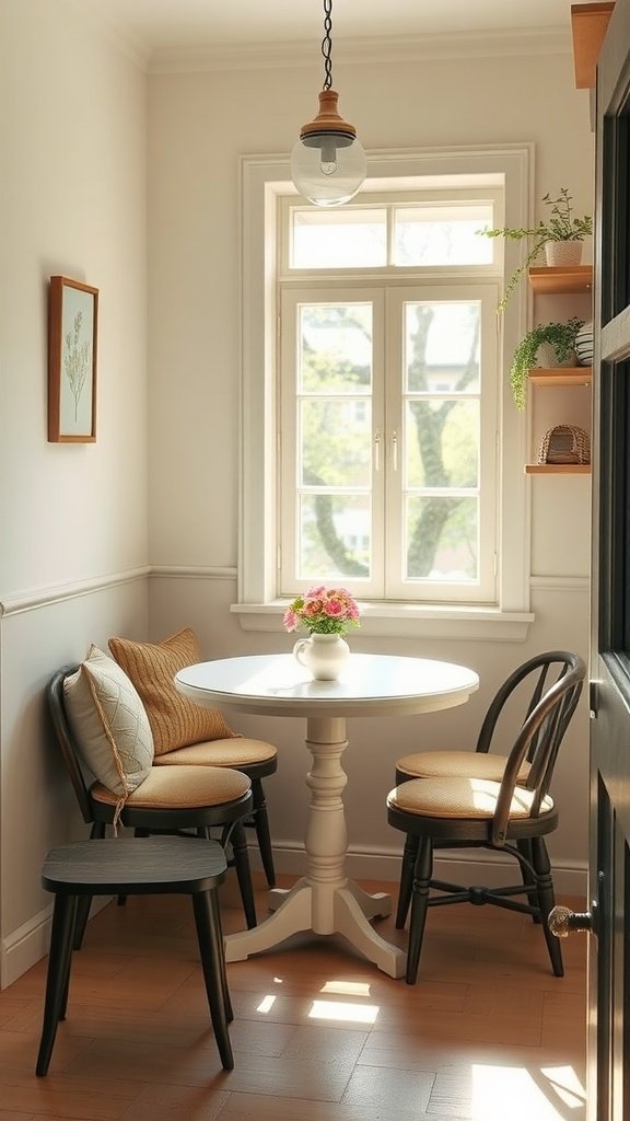 A cozy breakfast nook featuring a round table, comfortable chairs, and a window with natural light.