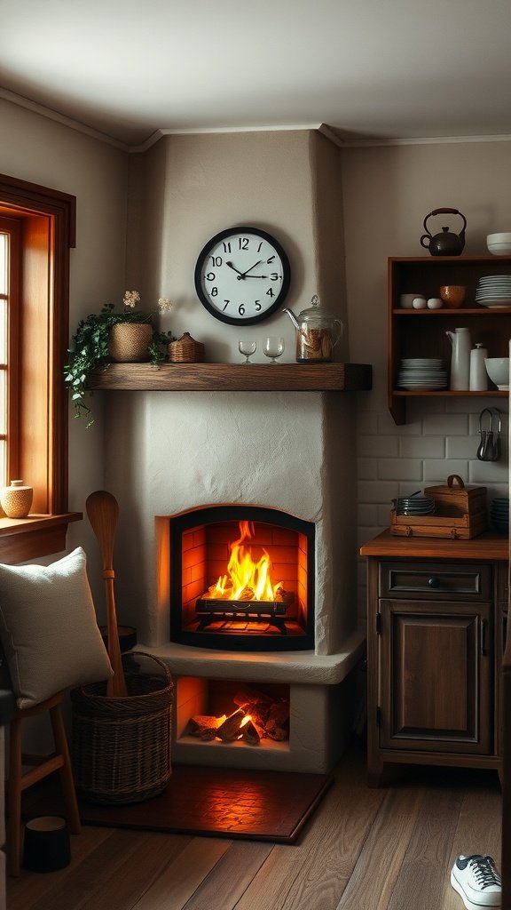 A cozy kitchen corner with a fireplace, wooden shelves, and natural light.