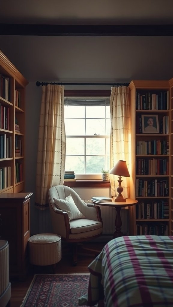 Cozy reading nook featuring a chair by the window, a lamp, and shelves filled with books.