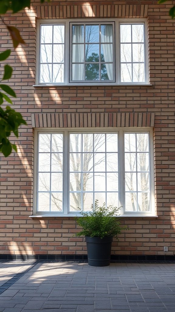 A cream brick house with large windows and a potted plant.