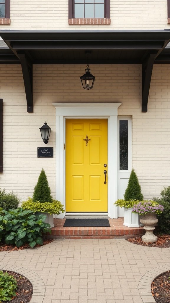 A cream brick house exterior with a bright yellow door and lush greenery around the entrance.