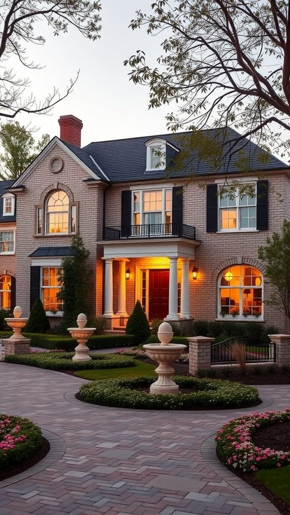 Beautiful cream brick house with elegant landscaping