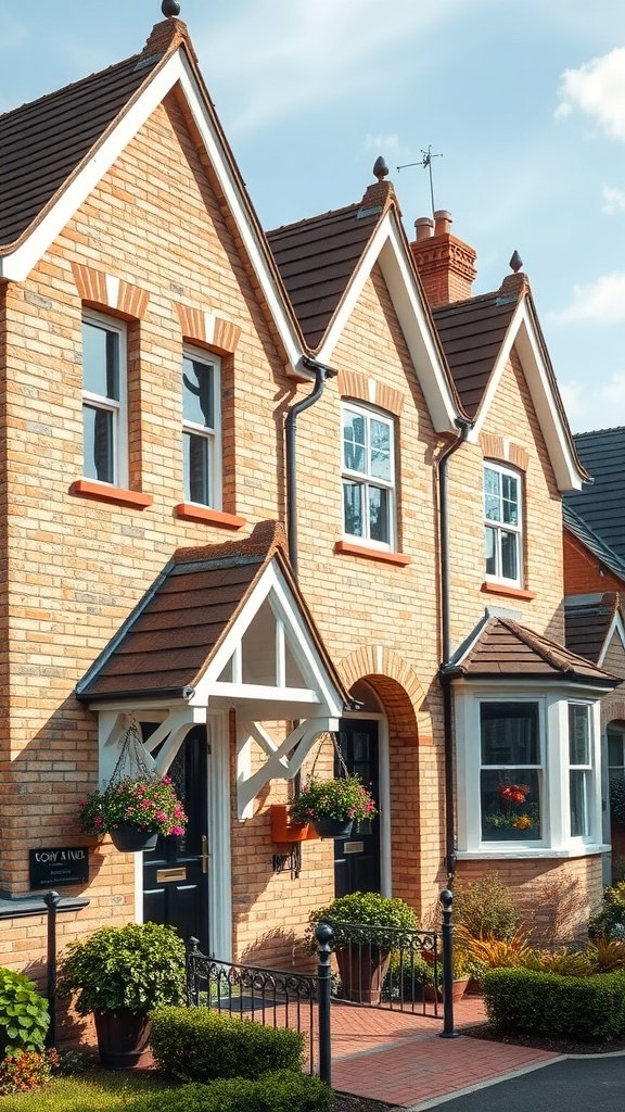 A beautiful cream brick house featuring traditional rooflines, vibrant plants, and a welcoming entrance.