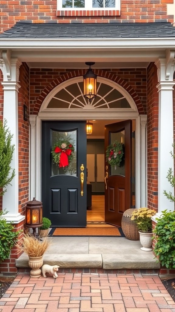 Welcoming entryway with a stylish front door, seasonal wreaths, and decorative elements.