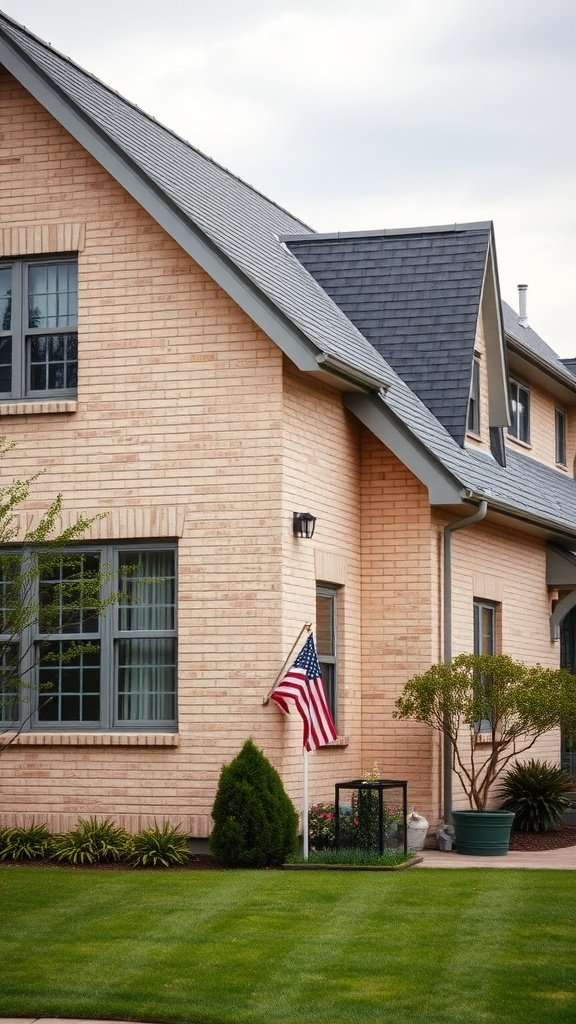 A beige brick house with a dark roof, showcasing contrast in colors.
