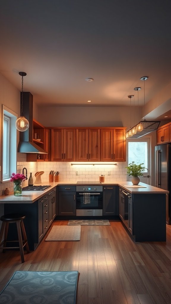 A cozy U-shaped kitchen featuring warm wood cabinets, modern appliances, and creative pendant lighting.