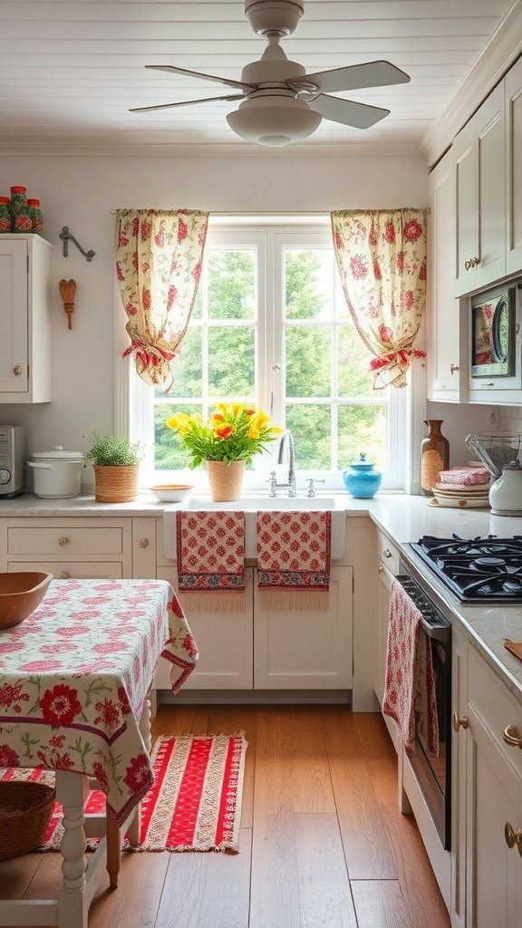 A cozy cottage kitchen with floral curtains, a patterned tablecloth, and bright natural light.