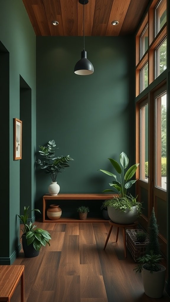 A foyer with deep forest green walls, wooden accents, and various houseplants.