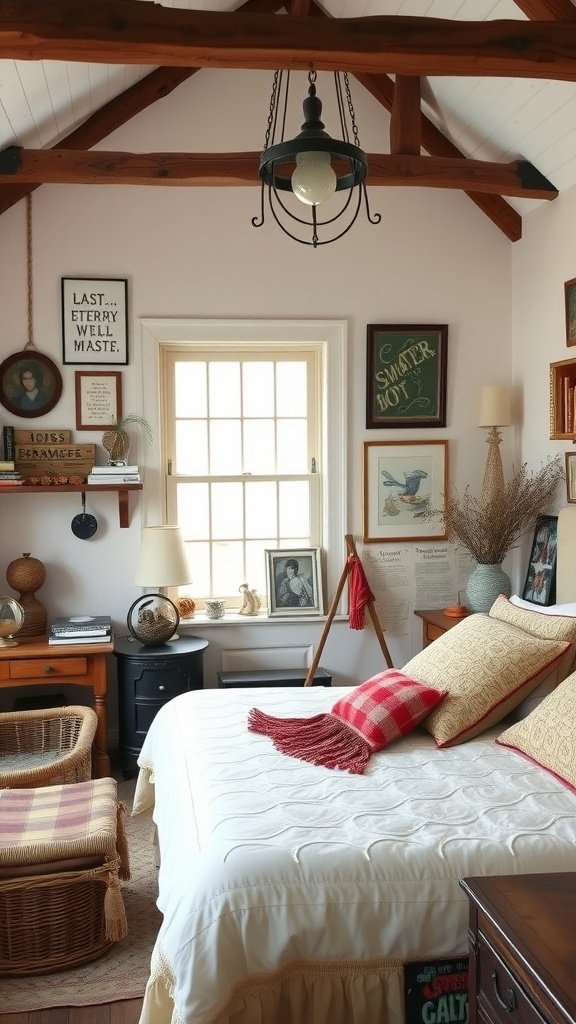 Cozy cottage bedroom featuring eclectic accessories and artwork.