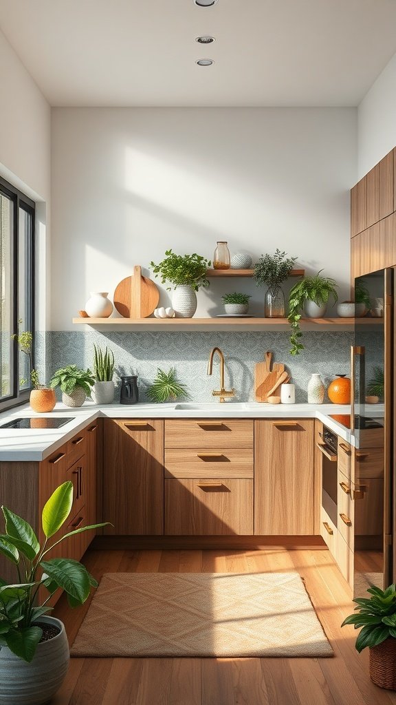 A bright U-shaped kitchen featuring wooden cabinets, greenery, and natural light.