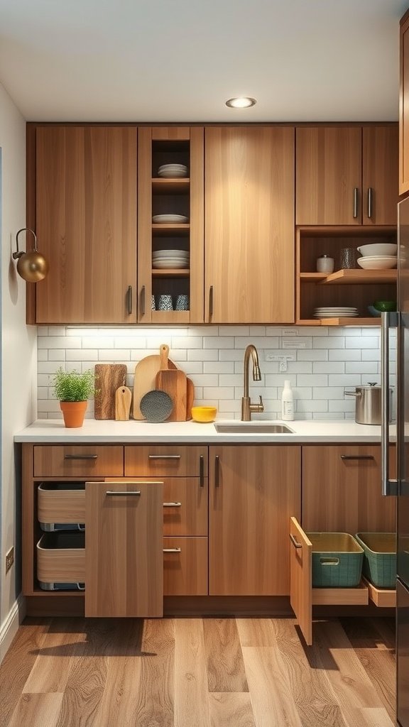 A modern U-shaped kitchen with wooden cabinets, open shelving, and organized storage solutions.