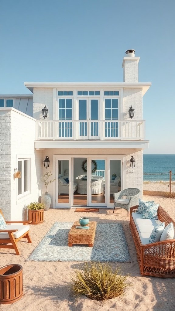 Off-white brick house exterior with coastal decor and sandy outdoor area