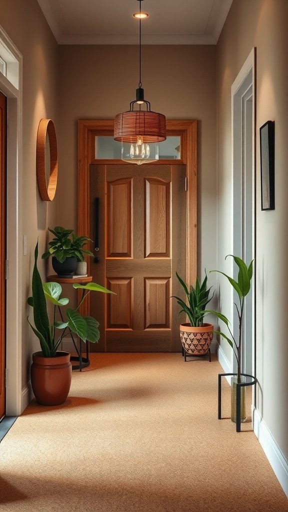 A cozy entryway featuring cork flooring, plants, and warm lighting.