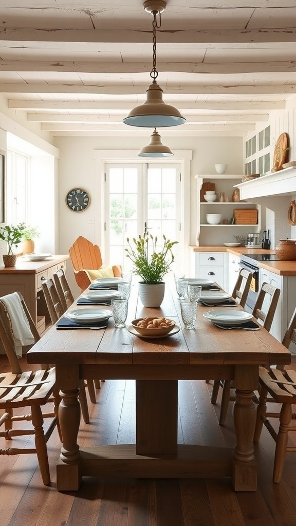 A rustic farm-style dining table set in a cozy cottage kitchen with wooden chairs and a light fixture.