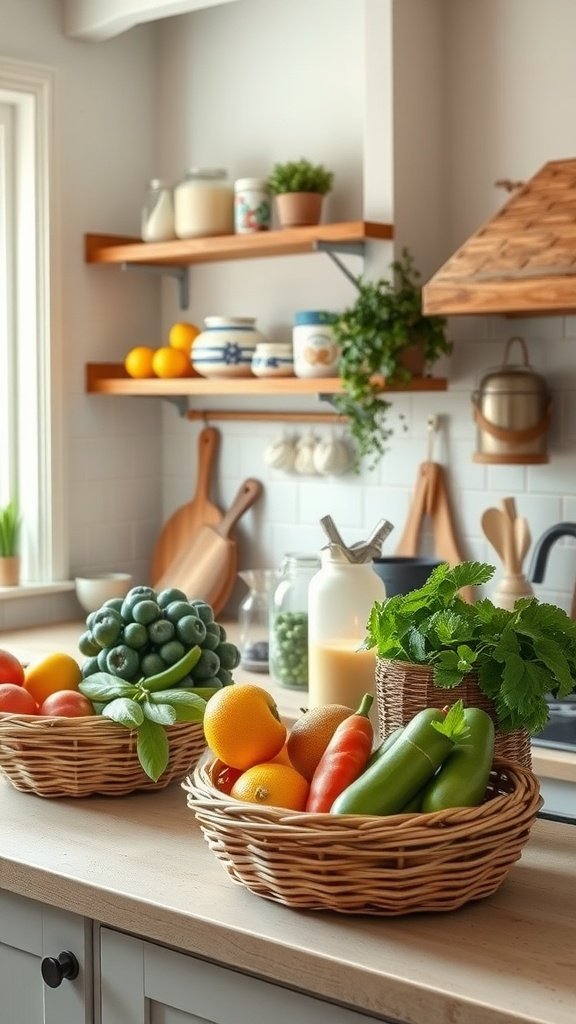 A cozy kitchen with fresh produce in woven baskets on the counter