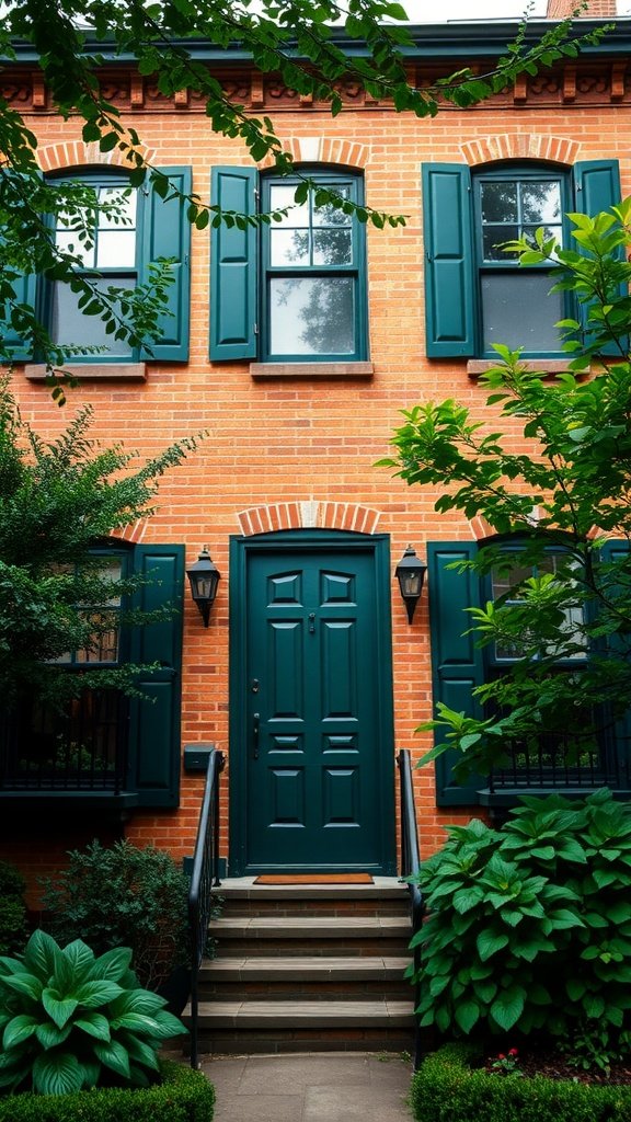 A tan brick house with forest green shutters and door, surrounded by greenery.
