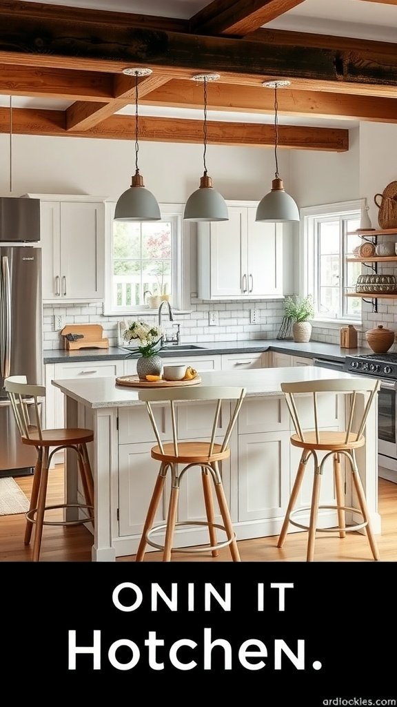 A bright kitchen featuring a white island with seating and natural wood elements.