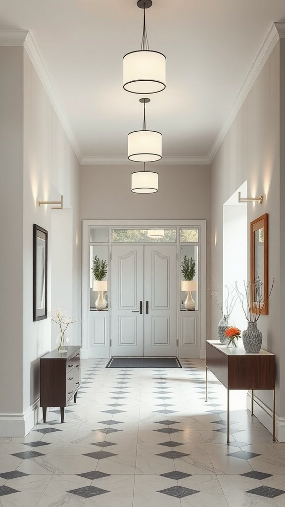 A modern foyer with gentle light gray walls, stylish light fixtures, and elegant decor.