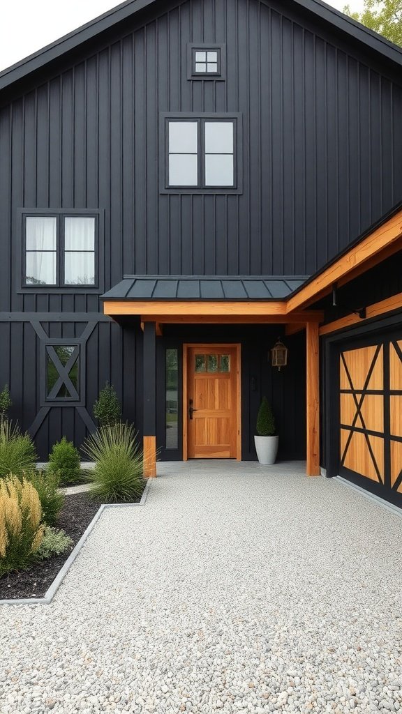 Contrasting Black and Natural Wood Elements in Black Modern Farmhouse Exterior