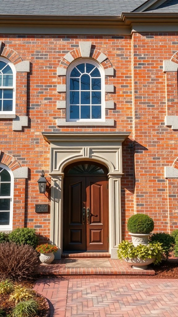 Beautiful brick house with stone accents around the door and windows, showcasing a welcoming entrance.