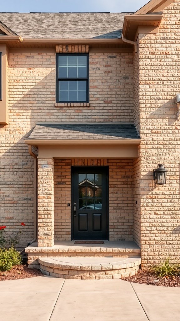 Beige brick house exterior with stone elements