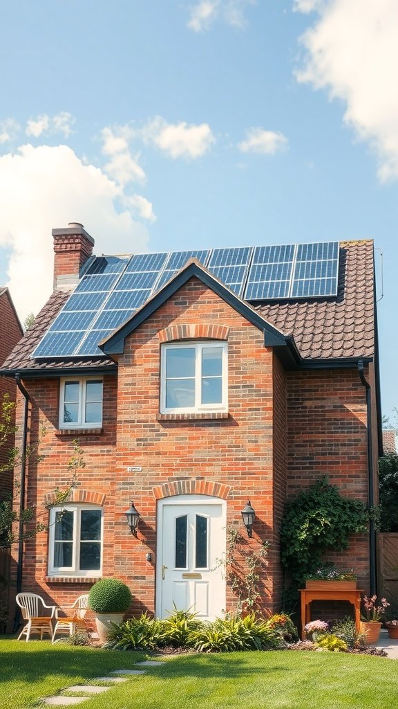 A brick house featuring solar panels on the roof and a well-maintained garden.