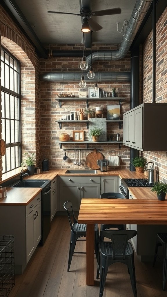 A compact industrial style kitchen featuring exposed brick walls, metal accents, and wooden countertops.