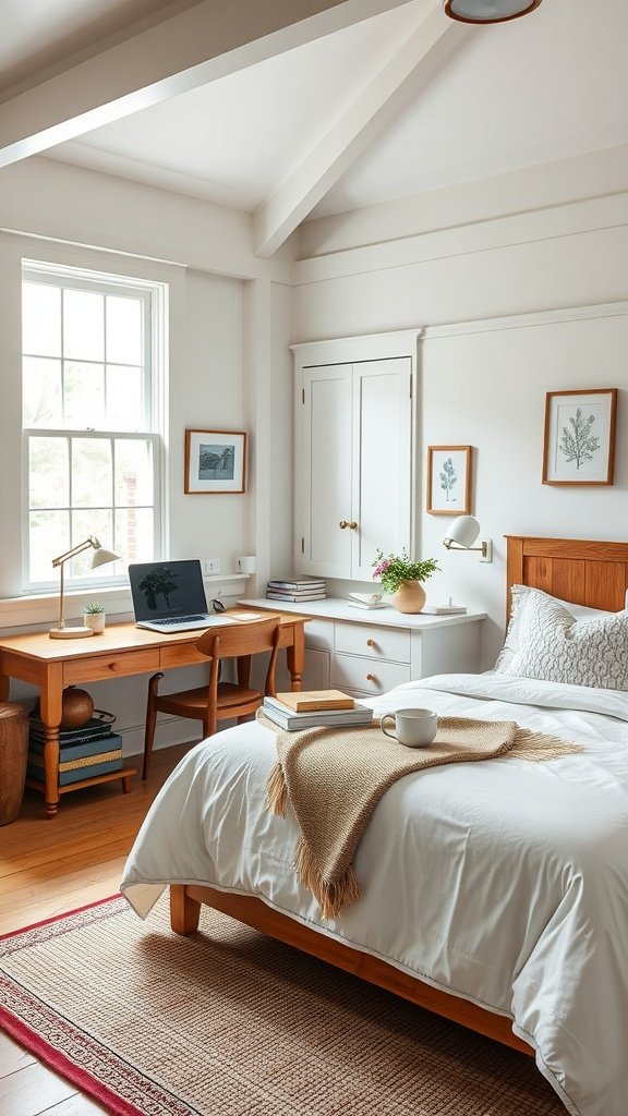 A cozy cottage bedroom featuring an integrated home office space with a wooden desk and a laptop.