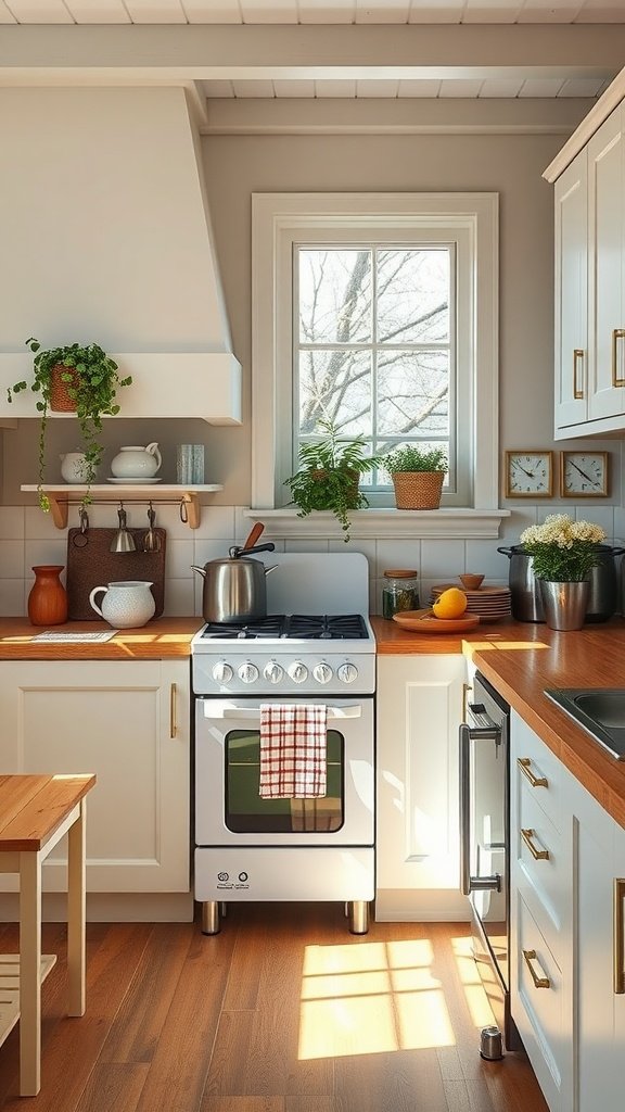 A cozy cottage kitchen featuring modern appliances, with natural light coming through the window and plants on the sill.