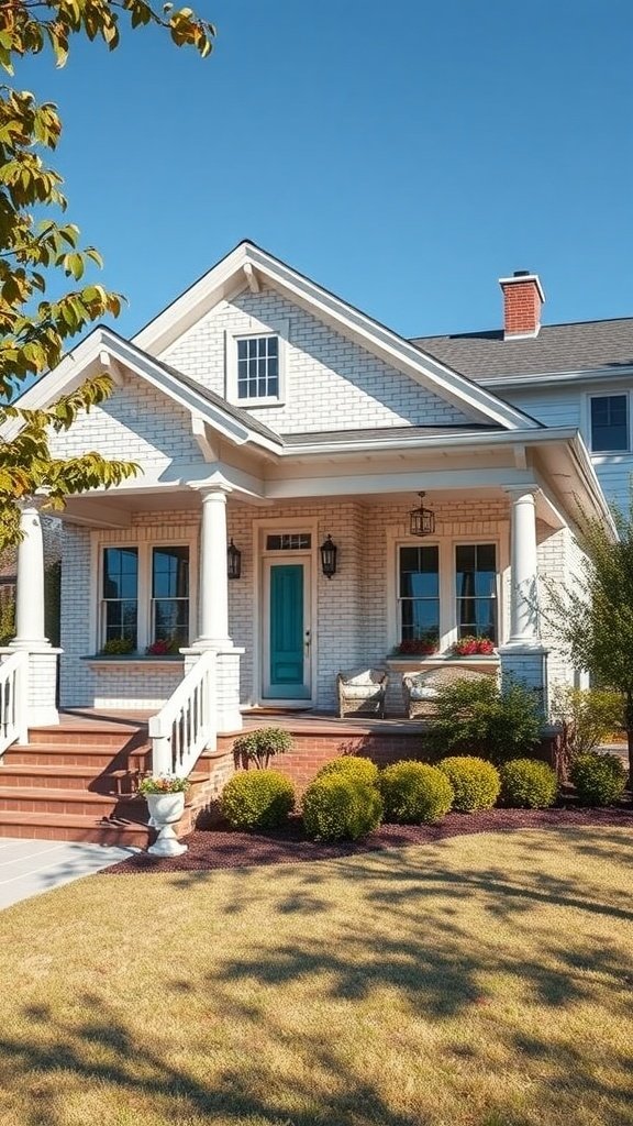 A charming off-white brick house with a turquoise door, detailed porch, and colorful flower boxes.