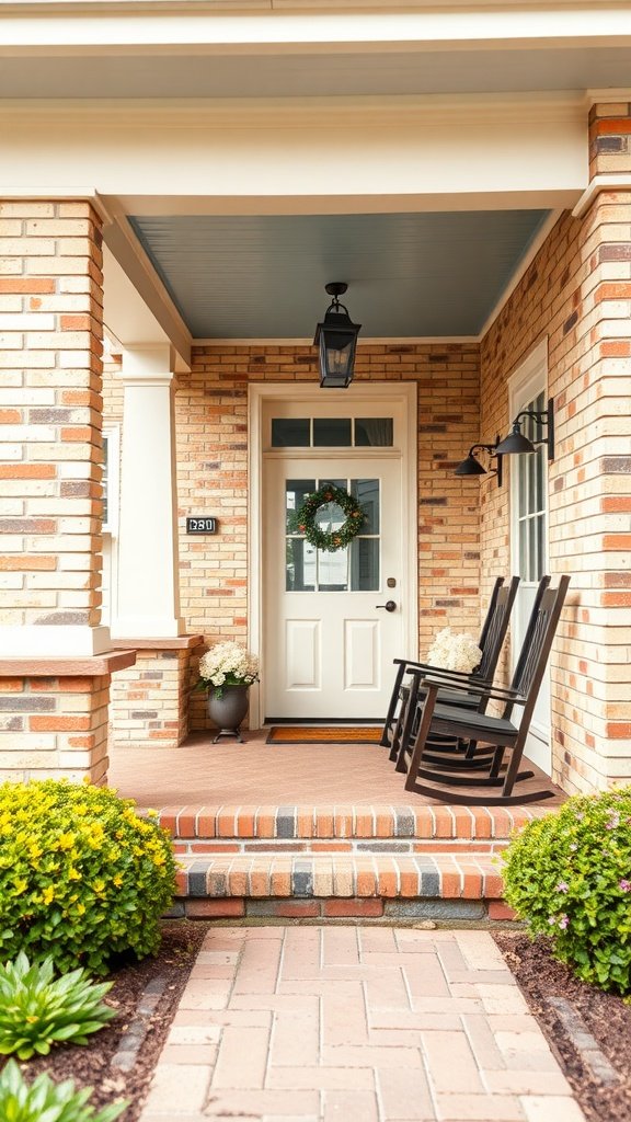 Cream brick house with a front porch featuring rocking chairs and greenery.
