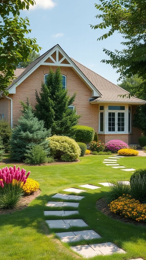 A beautiful beige brick house surrounded by lush landscaping, featuring colorful flowers and a stone pathway.