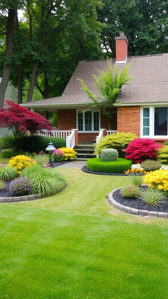 A beautifully landscaped front yard featuring vibrant flowers and well-maintained grass in front of a brick house.